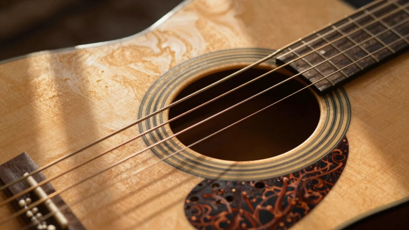 Close-up of vintage acoustic guitar strings under warm studio lig