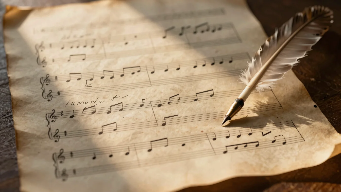 Sheet music with handwritten notes on aged papyrus, dappled golde