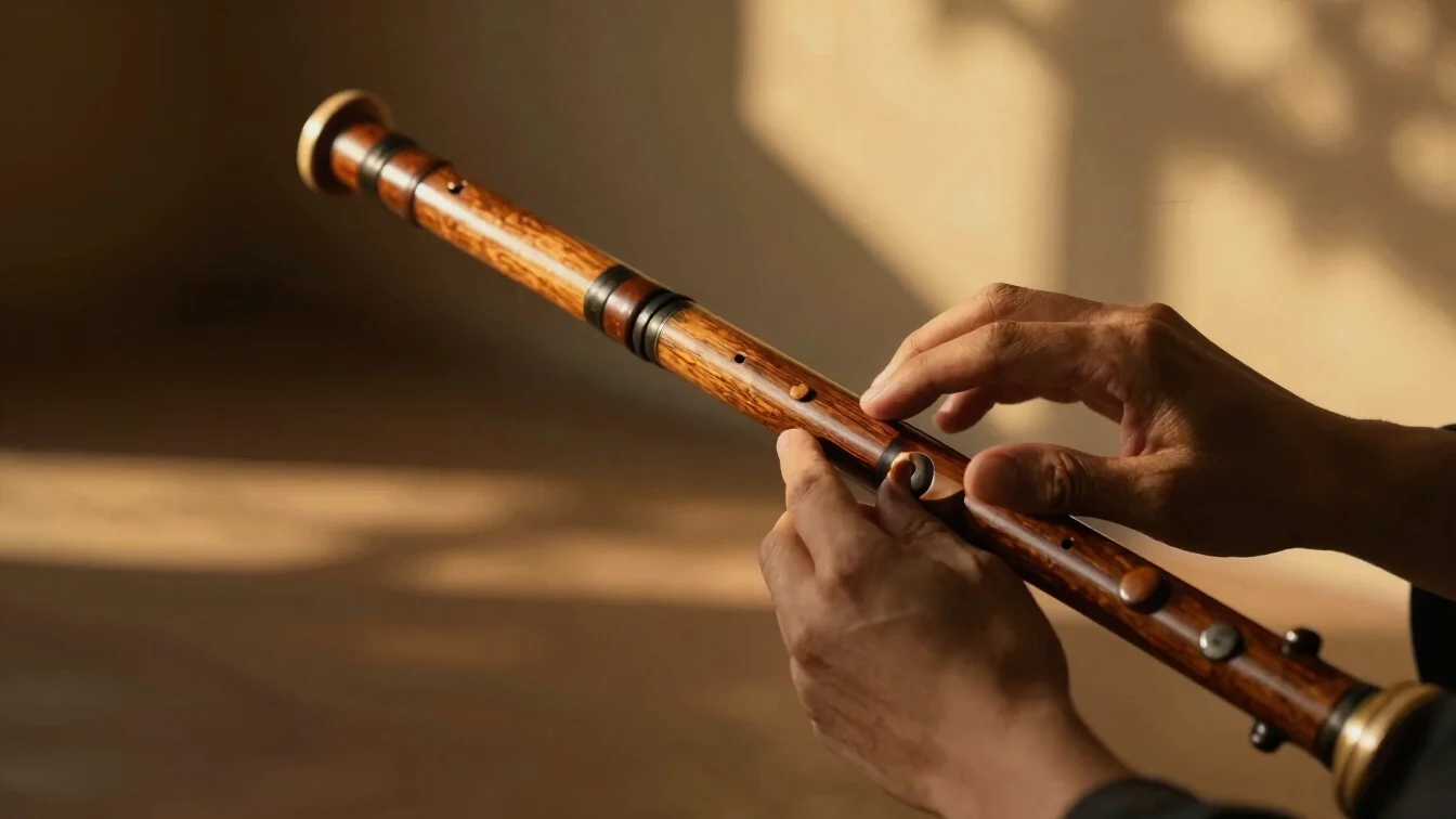 Artist's hands gently touching a worn wooden flute, warm golden l