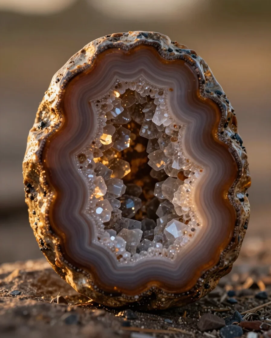 Close-up macro shot of a polished creek geode, showing crystallin