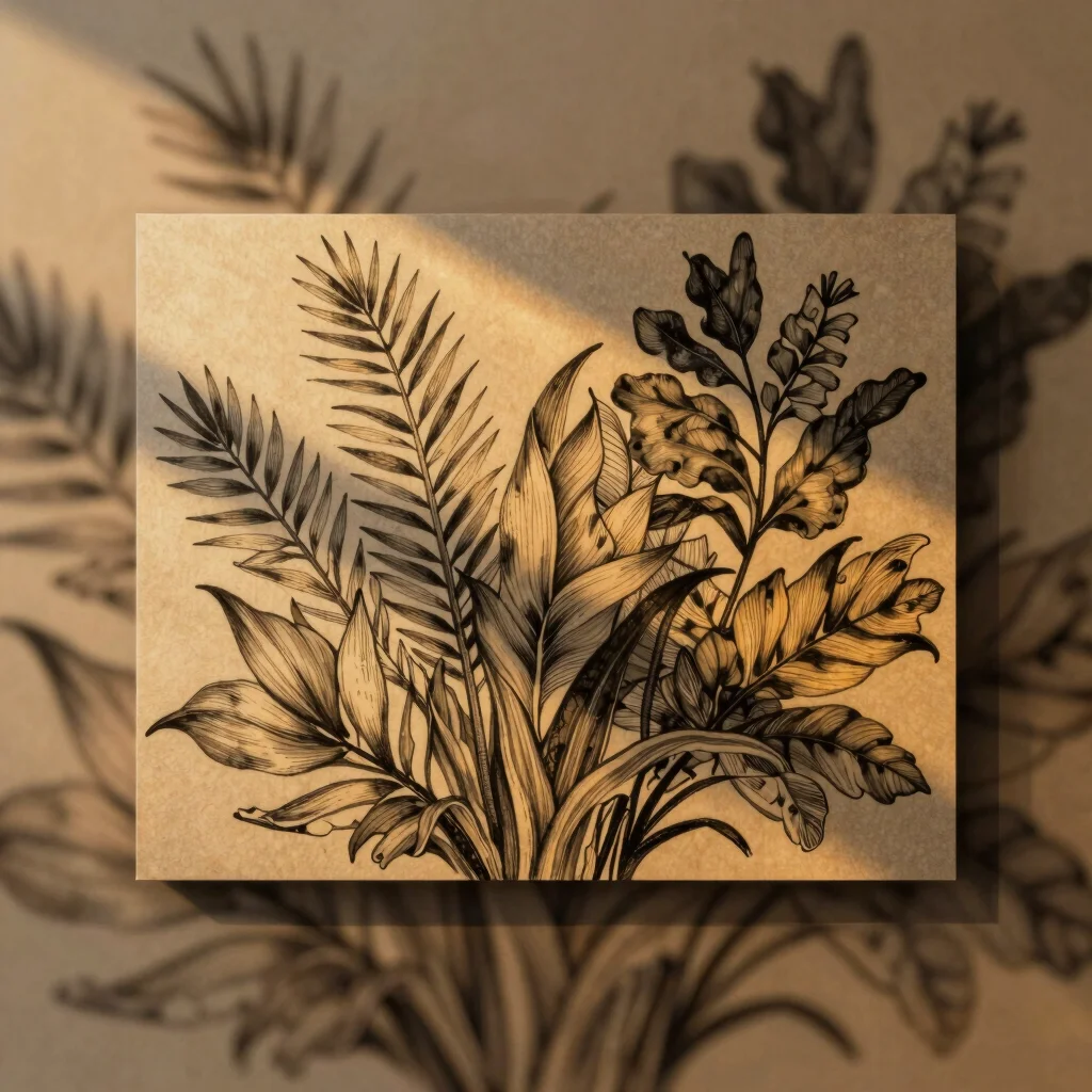 Ink drawing of intertwining botanical forms, rich organic texture