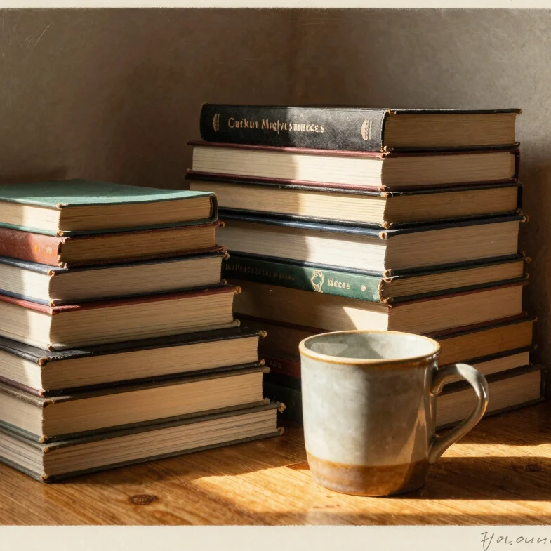 Pencil sketch of an intimate studio corner with stacked books and