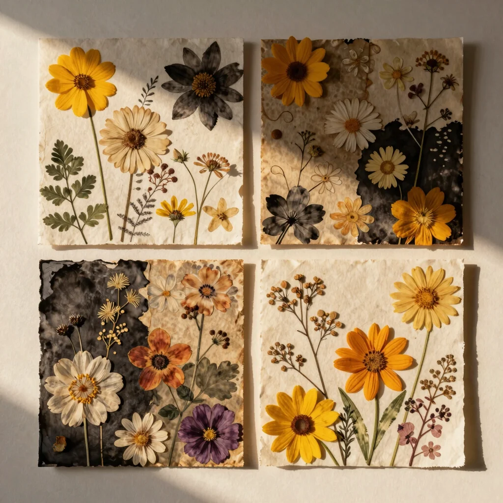 Mixed media piece combining ink and pressed flowers on handmade p