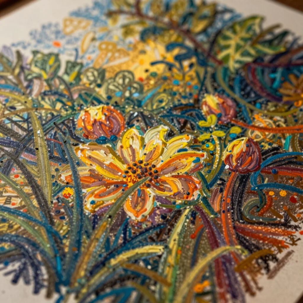 Close-up of a vibrant oil pastel drawing, showing tactile texture