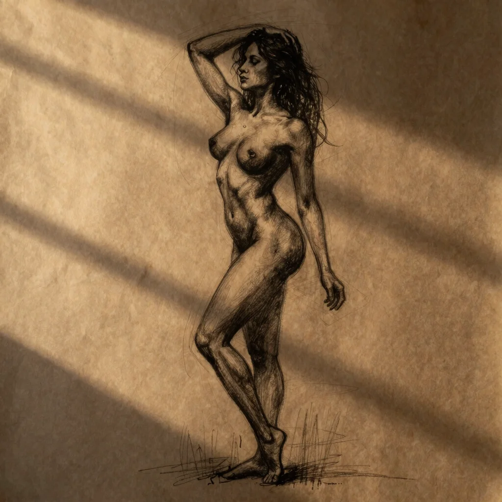 Charcoal sketch of a sensual figure in motion on textured paper,